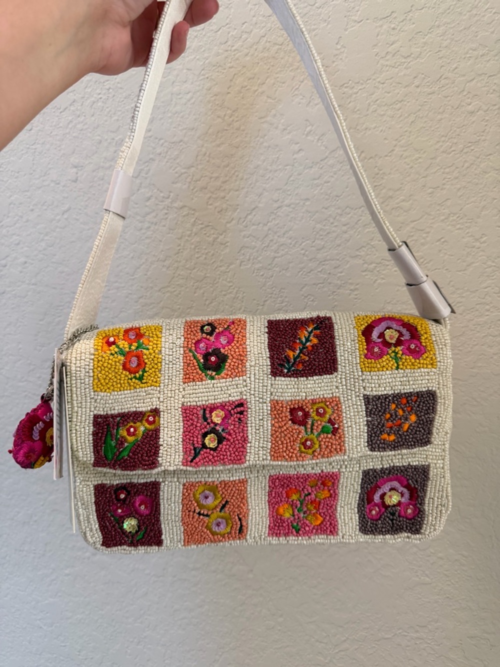New Viral Floral Tile Patchwork Beaded Shoulder Bag w/Charm